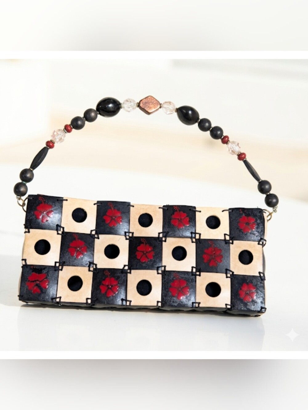 Vintage Boho Wood Tile Purse Red Hibiscus Floral Beaded Handle Tropical Bag